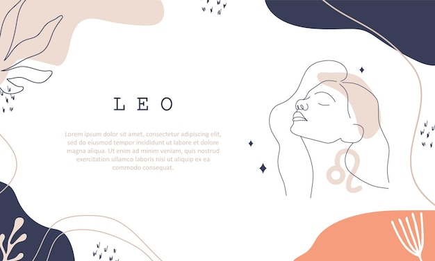 Leo zodiac sign one line drawing astrological icon with abstract woman face