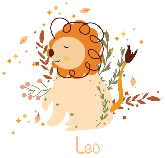 ベクトル カラフルな葉と星の周りにレオの星座。ポスター、ロゴ、カードに最適なかわいいレオ