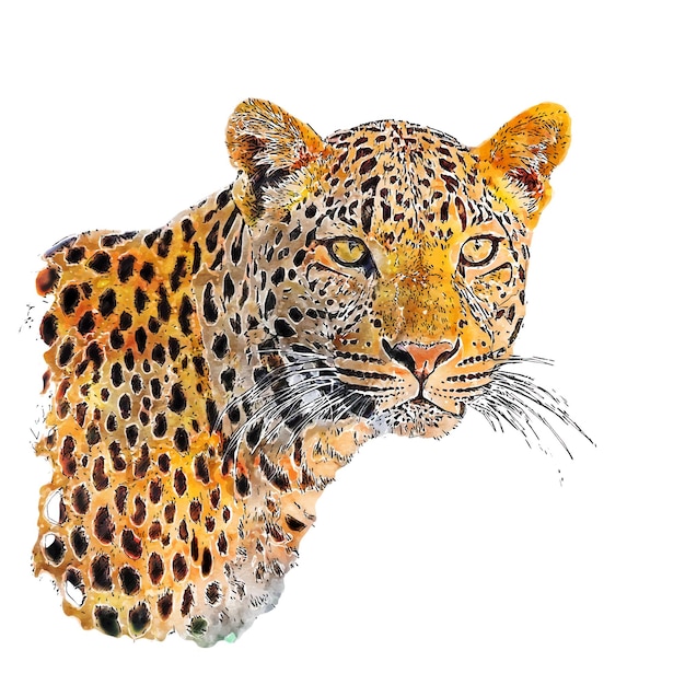 レオパード動物の水彩画スケッチ 手描きイラスト 孤立した白い背景
