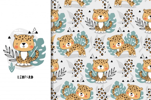 Vector leopard cute jungle baby animal character. kids card template and seamless background pattern set. hand drawn cartoon surface design illustration.