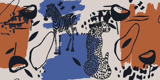 Leopard en zebra naadloos patroon met tropische bladeren achtergrond Vector