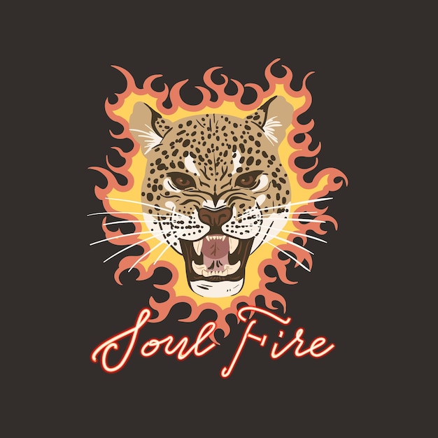 Testa di leopardo con fuoco. slogan del fuoco dell'anima. stampa grafica tipografica