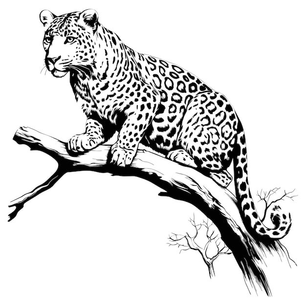 Вектор Леопард лежит на ветке дерева, линия искусства, созданная ai, иллюстрация
