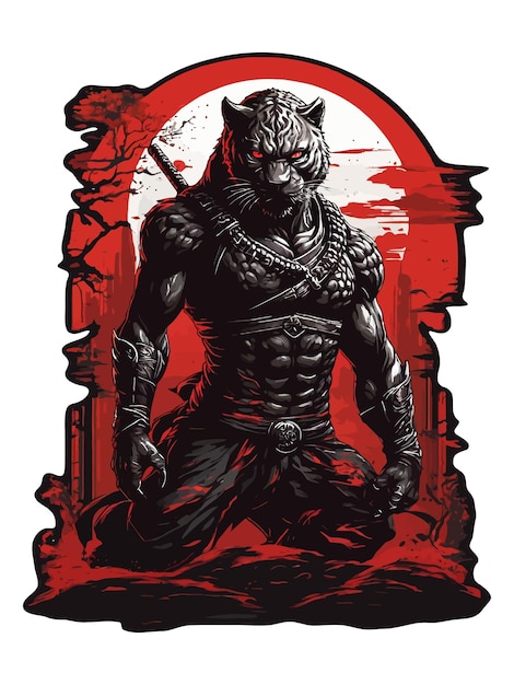 Ниндзя-леопард с векторной иллюстрацией красной луны для дизайна футболки