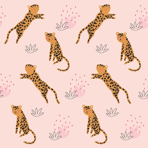 Vector leopard pattern with tropical leaves seamless