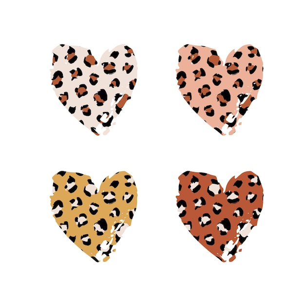 Леопардовый принт текстурированный набор рисованной кисти инсульта в форме сердца. абстрактное пятно краски с текстурой картины кожи гепарда дикого животного. коричневые, желтые векторные элементы дизайна для полиграфического дизайна.