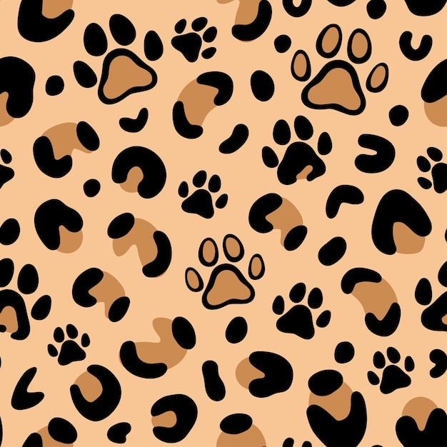 Vector leopard print with paw of dogs and cats cat paw pattern camouflage leopard vector seamless pattern