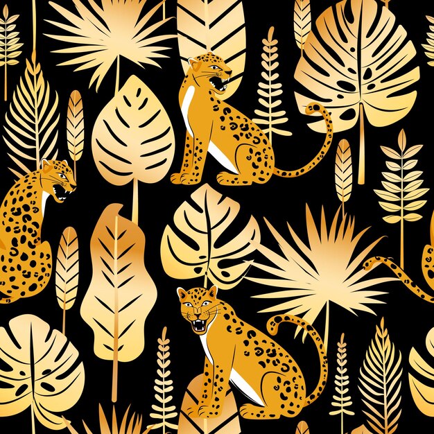 Vector leopard seamless pattern composition with leopards and tropical leaves on black background