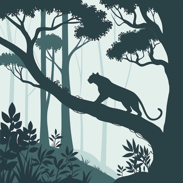 Vector leopard silhouette on tree branch in a dense jungle