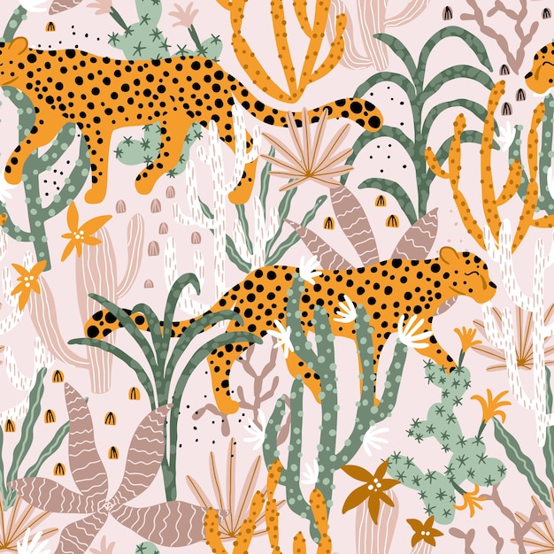 Leopardo in giungla tropicale seamless pattern illustrazioni piante animali cactus succulente