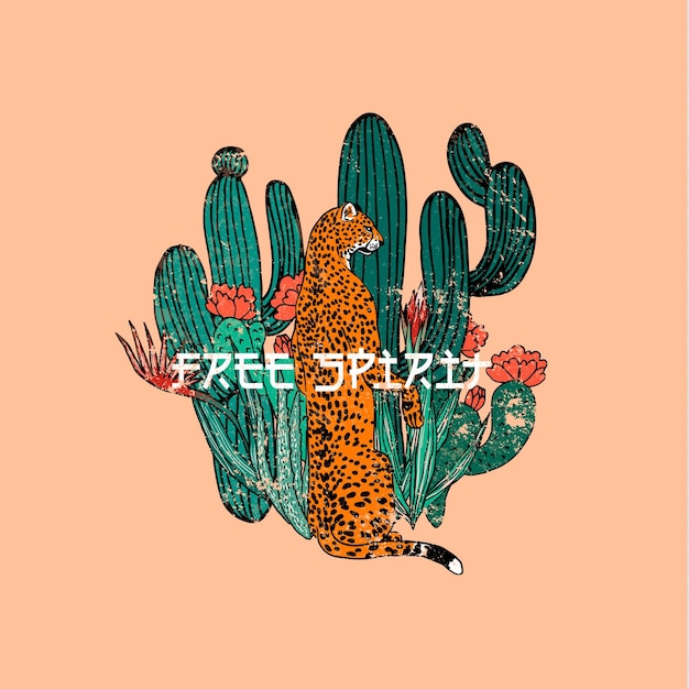 Leopard with cactus print design tshirt. free spirit quote