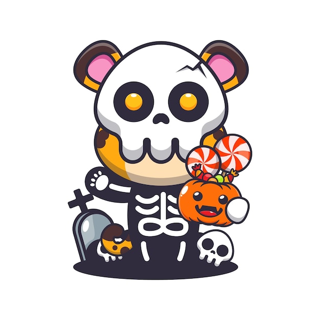 Vector leopard with skeleton costume holding halloween pumpkin