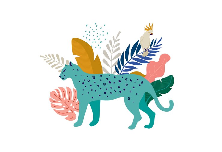 Vector leopard with tropical leaves illustration