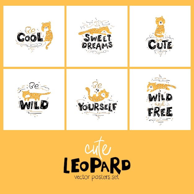 Vector leopards lettering card set.