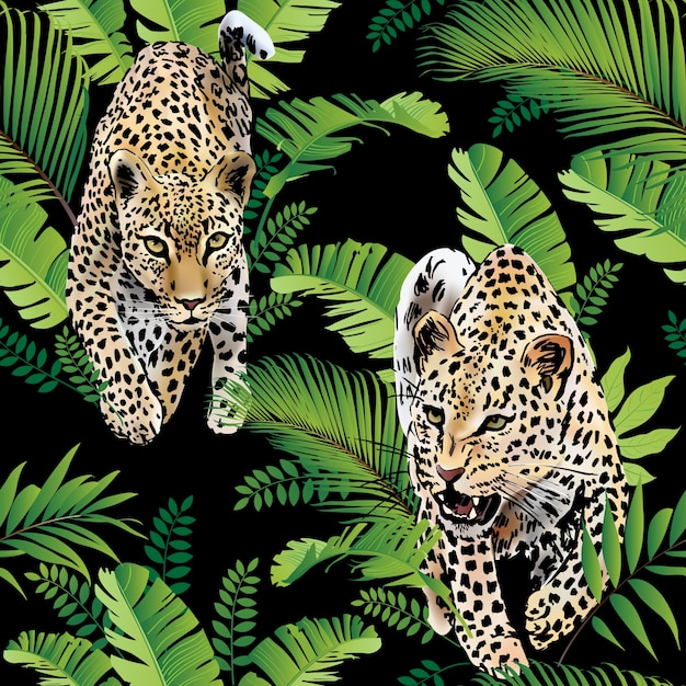 Leopards пальмовых листьев тропических акварель в джунглях бесшовного фона