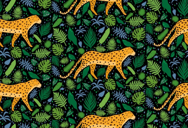 Vector leopards surrounded by tropical palm leaves