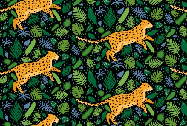 Vector leopards surrounded by tropical palm leaves