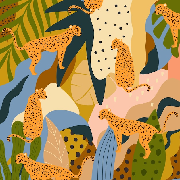 Leopards and tropical leaves poster background vector illustration Trendy wildlife pattern