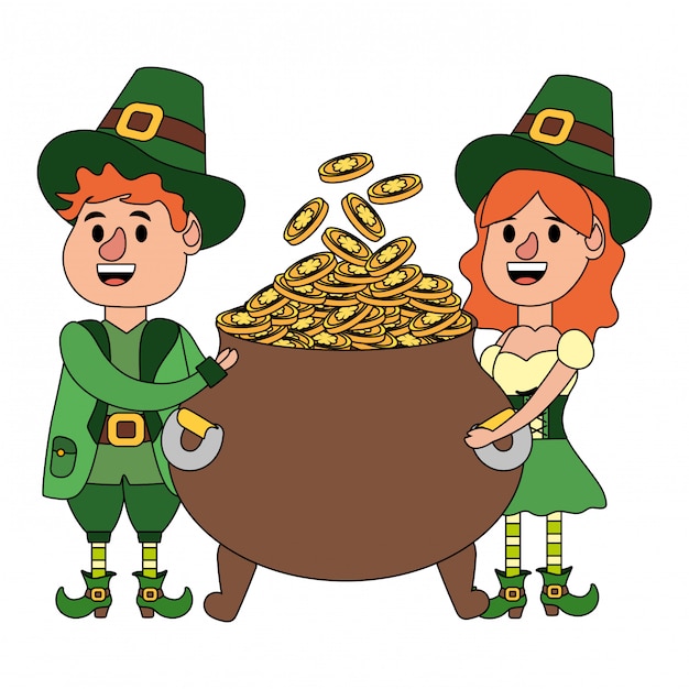 Coppia di leprechaun con pentola d'oro