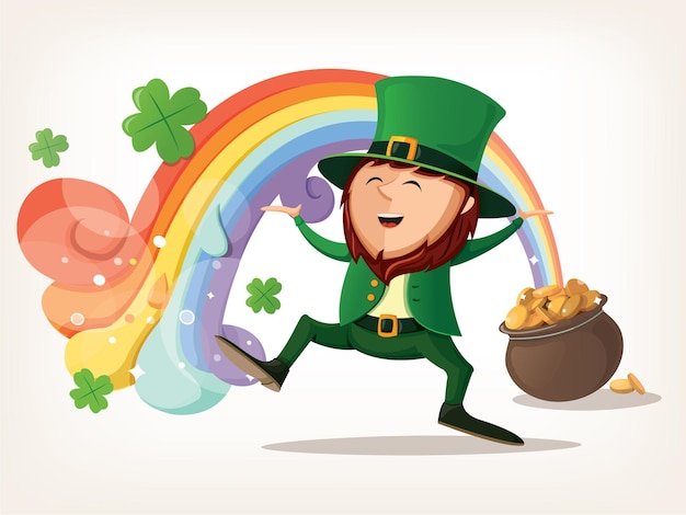 A leprechaun dancing under the rainbow that comes out of his pot with gold.
