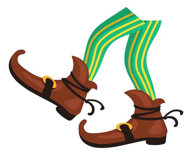 Vector leprechaun feet in brown shoes. green striped elf legs in cartoon style