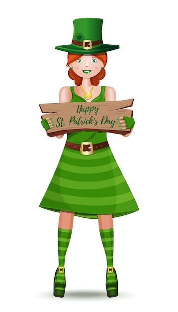 Leprechaun girl congratulates on St Patricks Day Cute girl in a green leprechaun suit Happy St Patricks Day Vector illustration