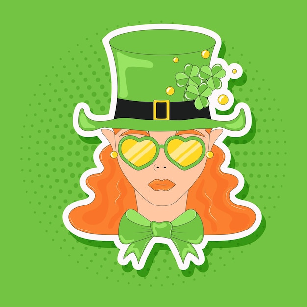 Leprechaun Girl Redhead Girl in Green Hat and Glasses with Green Bow Tie St Patricks Day