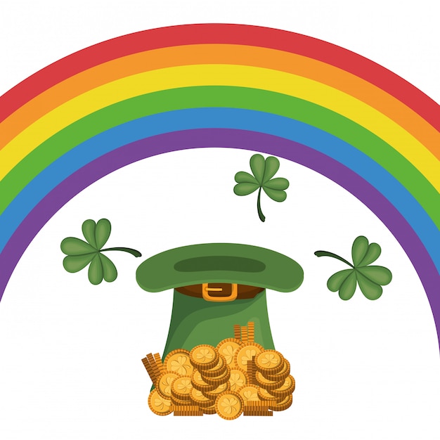 Vector leprechaun hat with coins and rainbow icons