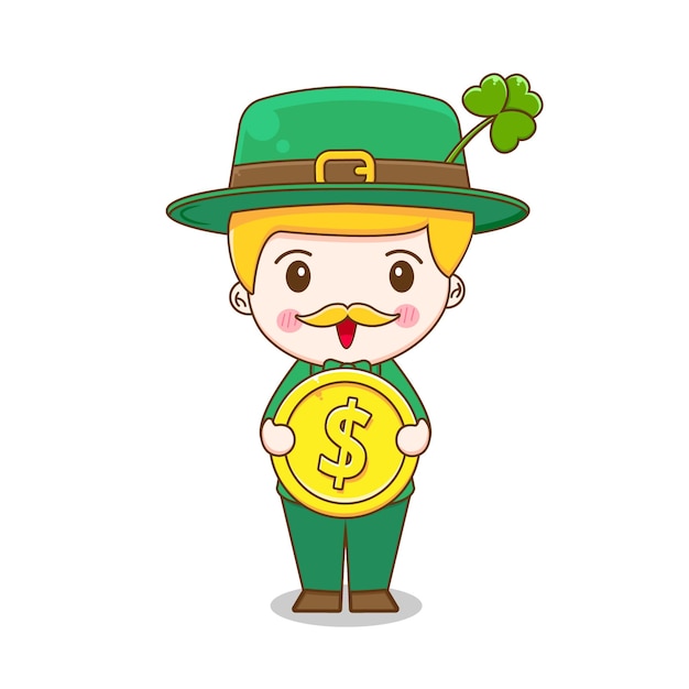 Leprechaun holding coin saint patrick day cartoon character isolated on white background.