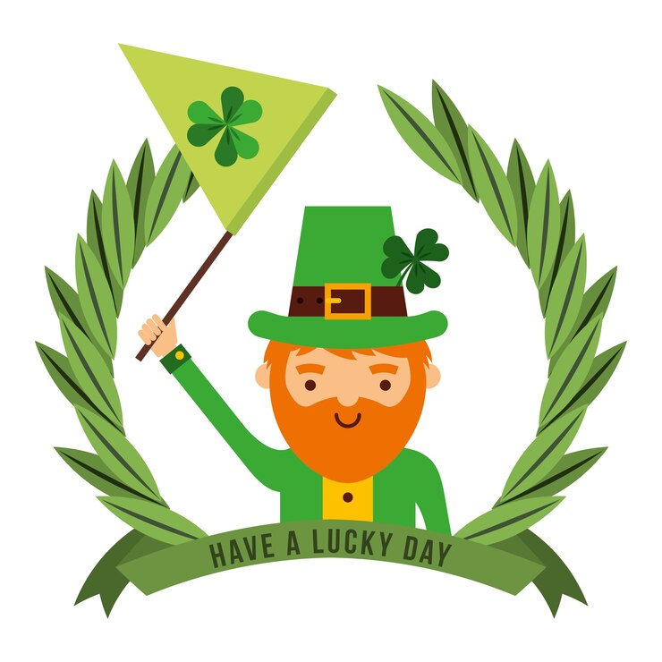 Vector leprechaun holding green flag with clover emblem