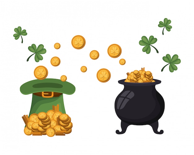 Leprechaun ketel met munten geïsoleerd pictogram