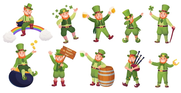 Vector leprechaun patrick characters leprechauns party irish gnome saint patron ireland holiday day cute st dwarf dab move elf with bagpipe beer or rainbow vector illustration of gnome patrick celebrate