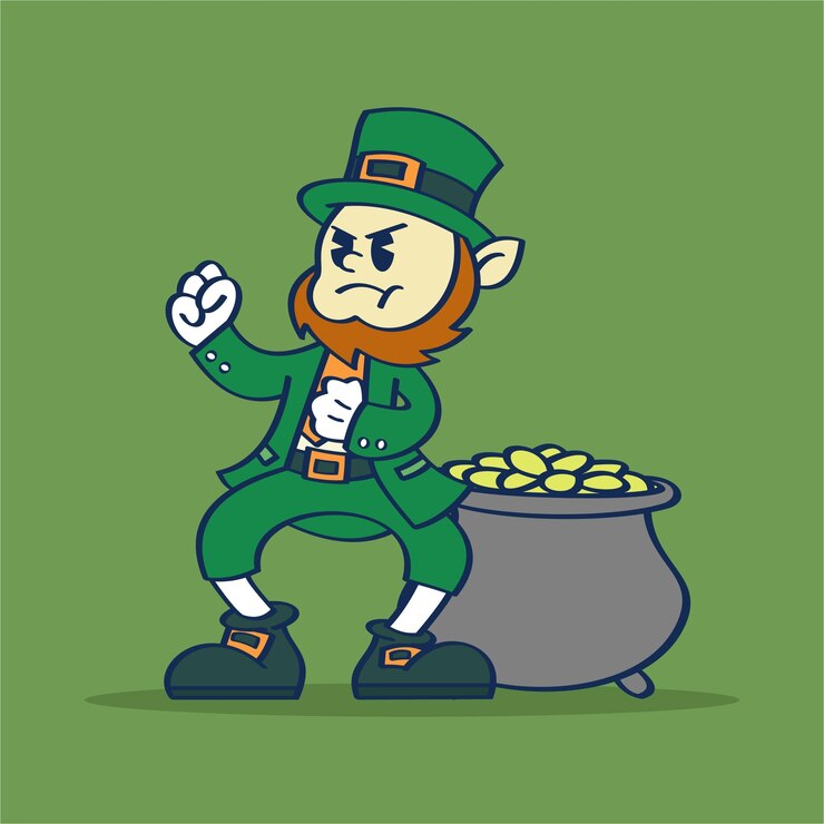 Vector leprechaun ready to fight with a pot of gold and a green background hand drawing