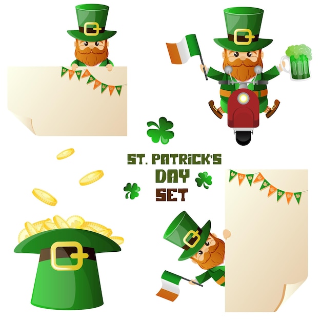 Leprechaun set voor St Patrick's Day Set van Ierse held personages Heren met plakkaat kopieerruimte