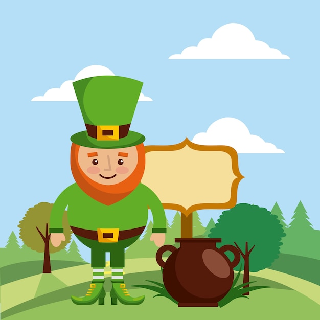 Leprechaun with cauldron board and landscape