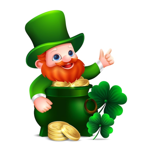 Vector leprechaun with cauldron golden money and clover leave