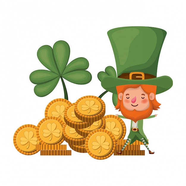 Leprechaun with coin and clover isolated icon