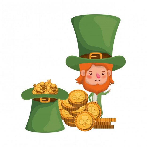 Leprechaun con monete e cappello icona isolata