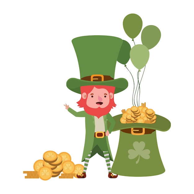 Leprechaun with coins and hat isolated icon