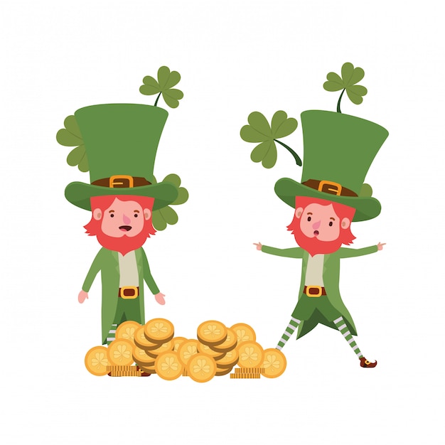 Leprechauns with coin and clover isolated icon