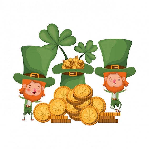 Leprechauns with coins and hat isolated icon