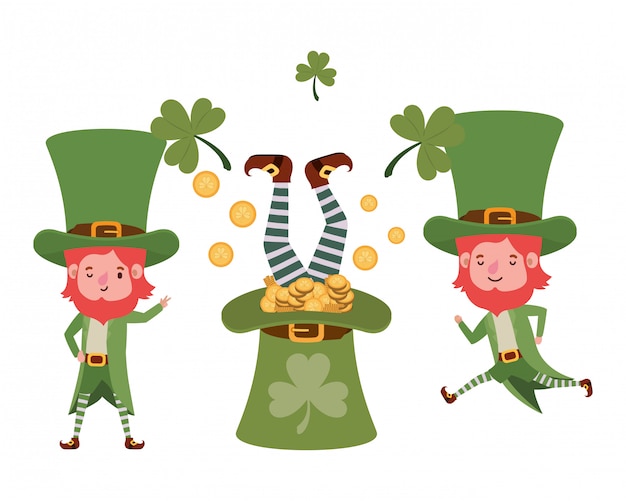 Leprechauns with coins and hat isolated icon