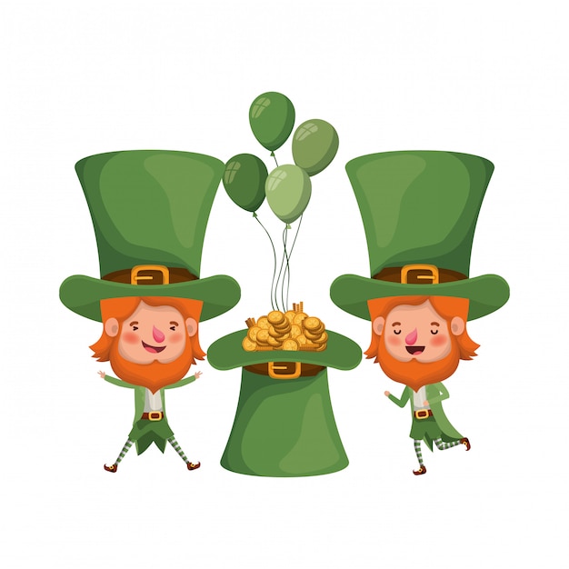 Leprechauns with coins and hat isolated icon