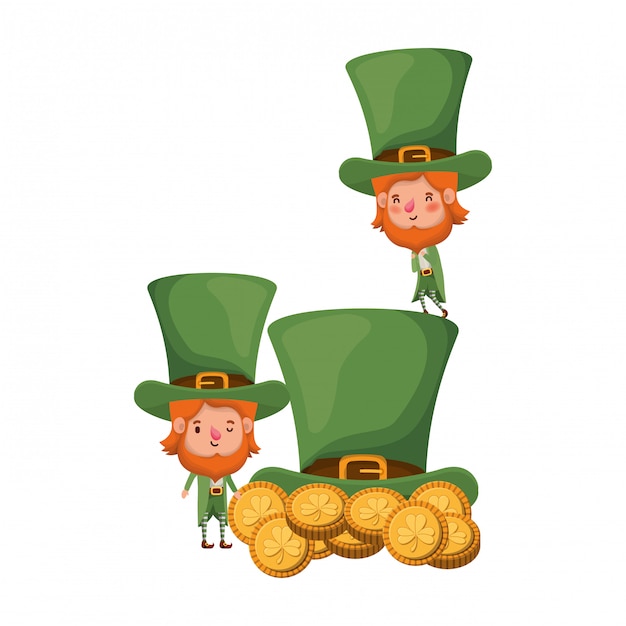 Leprechauns with coins and hat isolated icon