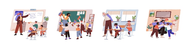 Leraar en kinderen in de klas set Leerkinderen van de lagere school leren studeren op lessen in de klas Gelukkige leerlingen van de basisschool Vlakke vectorillustraties geïsoleerd op witte achtergrond