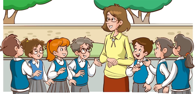leraar en studenten praten cartoon vector