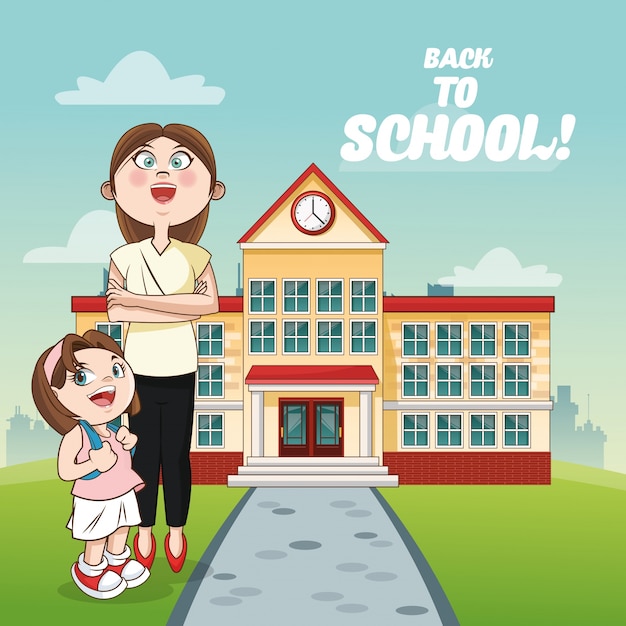 Leraar meisje kind gebouw terug naar school cartoon icoon