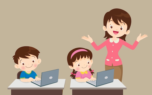 leraar presenteert computer leren en studenten jongen meisje zit in de klas
