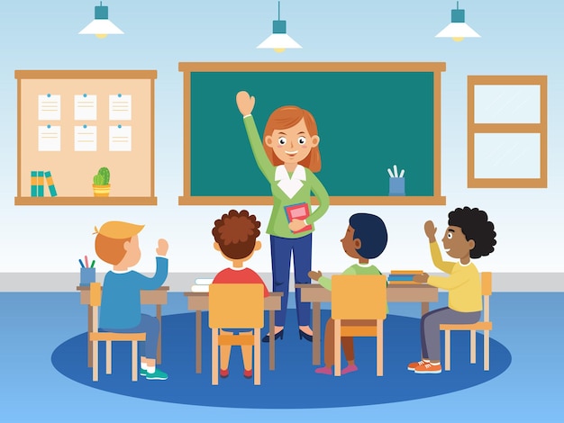Leraars en studenten in de klas leren en stellen vragen.