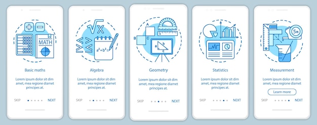 Leren wiskunde cursus, educatieve tool onboarding mobiele app pagina scherm vector sjabloon. walkthrough website vijf stappen met lineaire illustraties. ux, ui, gui smartphone-interfaceconcept